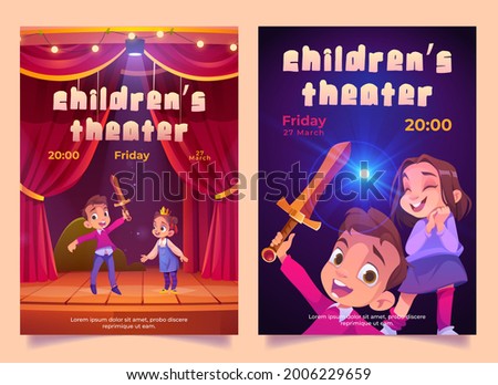 Children theater posters with kids play performance on stage with red curtains. Vector invitation flyers with cartoon illustration of boy and girl theatre actors with sword and crown