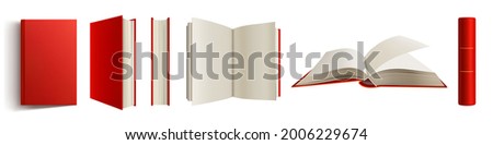 Book with red spine and cover 3d mockup, blank closed and open volume with hardcover and golden decorative elements. Bestseller publication, library or store novelty isolated realistic vector mock up