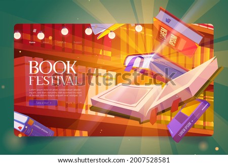 Books festival cartoon landing page, glowing bestsellers flying over bookshelf. Fest event in bookstore or library. Closed and open volumes with colorful paperback floating in air vector web banner Stock fotó © 