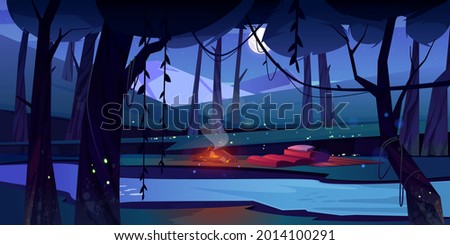 Night forest with camp, fire, river and mountains