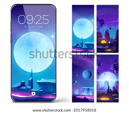 Smartphone lock screen with space, alien planets