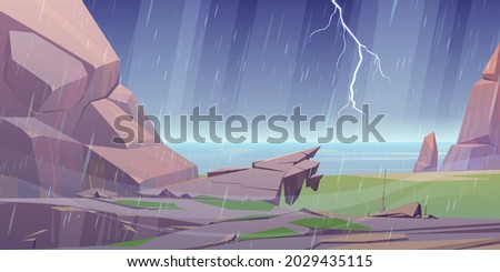 Storm on ocean rocky shore, rain shower falling, lightning sparkling in dull sky, deserted sea coastline with rocks around. Hurricane rage, nature disaster, stormy weather Cartoon vector illustration