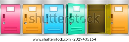 Row of locker cabinets with colored compartments for storage room, office, school or gym. Vector realistic illustration of empty metal boxes with keyholes, blank labels, open and closed doors