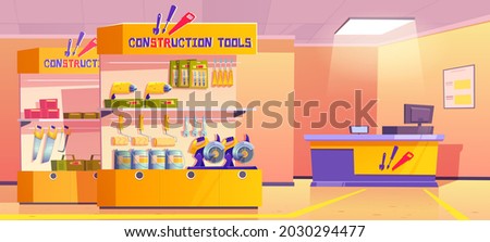 Construction tools store, hardware shop interior with counter desk, stand or showcase presenting production and diy instruments for carpentry and building works on shelves, Cartoon vector illustration