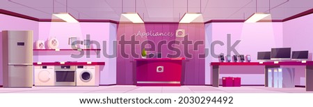 Home appliances store with household equipment and counter with cashbox. Vector cartoon interior of empty shop with computers, refrigerator, washing machine, stove, mobile phones and blenders