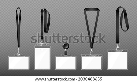 Badges on lanyards with lobster clasp or hooks, blank id cards in transparent plastic cases hang on ribbons, identity tags template on belt or lace. Swivel snap clips, isolated 3d Vector mockup set