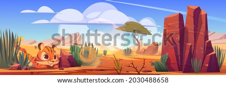 Funny tiger cub playing with tumbleweed in African desert natural landscape. Wild baby predator lifestyle in hot dry deserted nature of Africa with cacti and rocks under blue sky, cartoon illustration