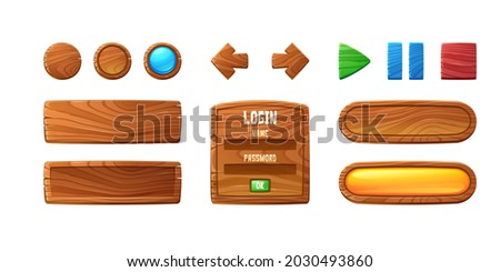 Wooden buttons for user interface design in game, video player or website. Vector cartoon set of brown wood ui elements, check box, stop, play and pause buttons and login frame
