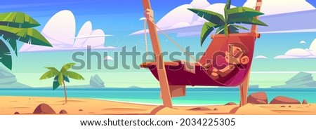 Funny monkey sleeping in hammock on tropical seaside beach with ocean view, rocks and palm trees, cute ape cartoon character relaxed lifestyle, outdoor zoo park, islander wildlife, Vector illustration