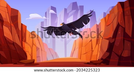 Crow fly in canyon with red mountains. Vector cartoon landscape of gorge with stone cliffs and rocks and flying raven, wild bird with black wings and orange beak