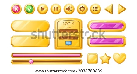 Golden buttons for user interface design in game, video player or website. Vector cartoon set of gold ui elements, progress bar, check and cross marks, shaped buttons and login frame