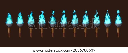 Burning fire on old torch for video game. Vector cartoon animation sprite sheet with sequence of magic blue flame on ancient wood and metal torch isolated on dark background