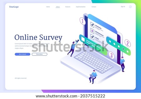 Online survey isometric landing page, tiny people fill online form on huge laptop with test, quiz or exam checklist or document on screen, questionnaire results or internet test 3d vector web banner