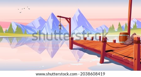 Wooden pier on lake, pond or river morning landscape, wharf with ropes, lantern, barrel and sacks on mountains background with birds flying in pink sky above water surface. Cartoon vector illustration