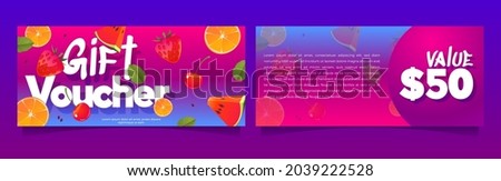 Gift voucher, shopping certificate two-sided vector mockup with summer fruits, berries and value price. , Promo card for store or cafe discount, off, special offer coupon cartoon printable template