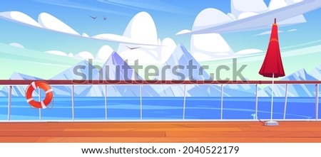 View from cruise ship deck to sea landscape with white mountains on horizon. Vector cartoon illustration of wooden boat deck with railing, umbrella and lifebuoy on background of snow rocks and water