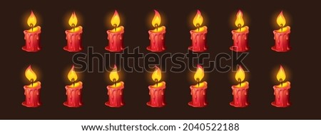 Burning fire on candle for 2d animation or video game. Vector cartoon animation sprite sheet with sequence of shiny flickering flame on red wax candle isolated on black background