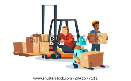 Forklift with driver, worker and robot carrying cardboard boxes. Vector cartoon illustration of lift truck with goods, autonomous robot and warehouse staff isolated on white background
