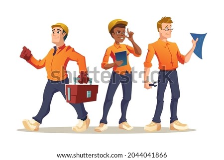 Construction workers builder, engineer or foreman characters with tools and blueprint. Architect with house plan, professional architecture building constructors in helmets Cartoon vector illustration