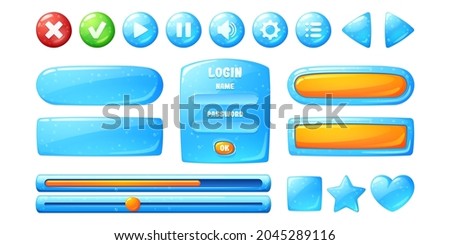 Buttons with blue jelly texture for user interface design in game. Vector cartoon set of ui elements from water with bubbles, check box, stop, play and pause buttons and login frame