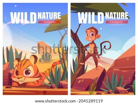 Wild nature cartoon posters. Funny monkey and tiger cub in African desert natural landscape. Ape and baby predator life in outdoor zoo park, safari in Africa, save animals concept, vector illustration