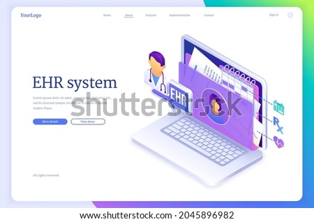 EHR system banner. Online database with patient medical reports. Vector landing page of electronic health record with isometric illustration of laptop with patient profile on screen