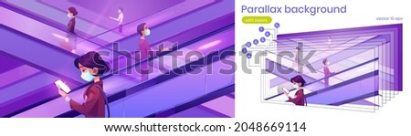 Parallax 2d background people in medical masks on escalators in mall. Moving staircase carrying men and women up and down during covid 19 pandemic vector scene, separated cartoon layers for game