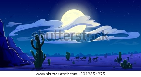 Arizona night desert landscape, natural wild west background with coyote pack silhouettes run on through cacti and rocks under cloudy sky with full moon shining, game scene Cartoon vector illustration