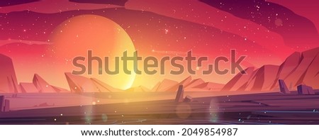Alien planet landscape, dusk or dawn desert surface with mountains, rocks and sun shining on red and orange starry sky. Space extraterrestrial computer game background, cartoon vector illustration