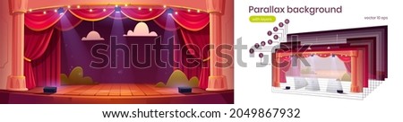 Parallax background for game, 2d cartoon theater stage with red curtains and spotlights. Theatre interior with empty wooden scene separated layers for slidescroll animation effect, Vector illustration