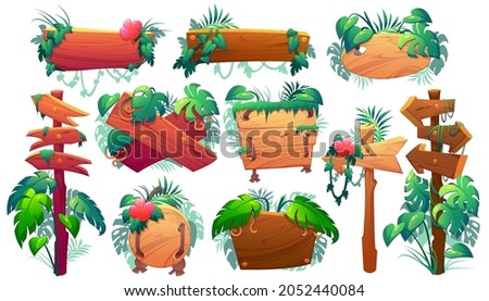 Wooden signboards in jungle, plank and pointers with green leaves and lianas. Vector cartoon set of wood panels, timber boards and direction signs with plants in forest isolated on white background