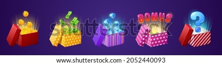 Gift box with bonus, money coins and bills, diamonds and mystery present with question sign. 3d objects in colorful wrapping paper and bows. Game, draw, casino award isolated Cartoon vector icons set