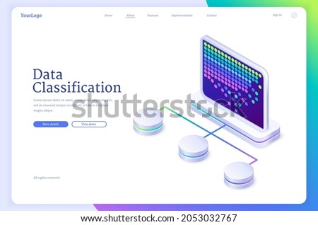 Data classification isometric landing page, system of electronic database for corporate business. Monitor with colorful dots and files or folders separated by relevant categories, 3d Vector web banner
