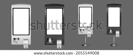 Self order kiosk realistic 3d vector mockup. Vending machines with sensor panel, receipts and pos terminal for payment. Innovative self service counter device, interactive wall or floor stands set