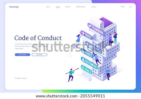 Code of conduct isometric landing page, company business rules concept with tiny office people at tower of core values teamwork, trust, innovation, ethics, customers and goals, 3d Vector web banner Сток-фото © 