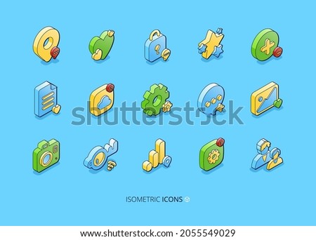 Set of social media isometric icons, smm 3d symbols map pin, like heart, padlock and stars. Cloud storage, document and cogwheel, speech bubble, media file, photo camera, key or wifi, Vector signs