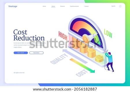 Cost reduction isometric landing page, business concept of optimization financial and marketing strategy, balance between low and high spending, price cut, quality maximization 3d vector web banner