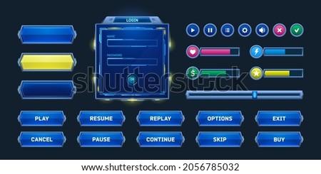 Game buttons and frames in sci fi style. Design elements, menu and assets for user interface. Vector cartoon set of futuristic game ui elements, bars of health, money and energy, check and cross marks