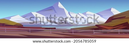 Mountain landscape with lake, trees on coast and car road with metal barrier. Vector cartoon illustration of nature scenery with white rocks, coniferous forest on river shore and highway