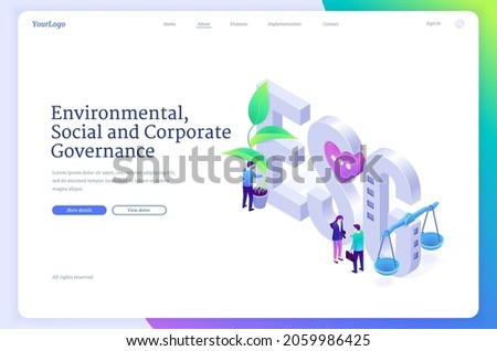 ESG, environmental social and corporate governance isometric landing page. Business concept of sustainable green company resources usage, responsible attitude to nature and future 3d vector web banner