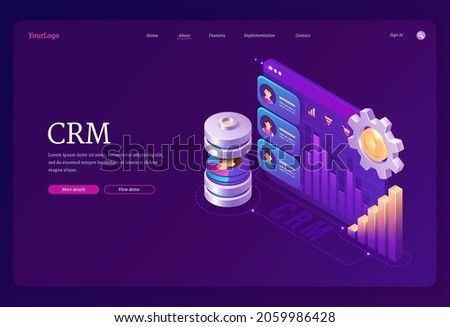 CRM, customer relationship management isometric landing page. Marketing strategies and technologies for manage and development client interactions, device screen with graphs, 3d Vector with web banner