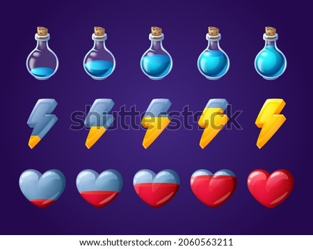 Game icons of heart, lightning and potion bottle with fill progress. Vector cartoon set of ui design elements, status icons of health, energy and resource in computer or mobile game