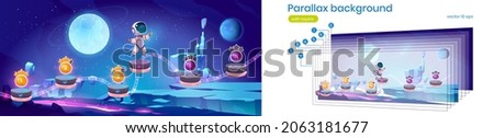 Mobile space arcade game parallax background with astronaut jump on platforms with bonus and asset items. 2d cartoon gui futuristic adventure with cosmonaut separated layers scene, Vector illustration