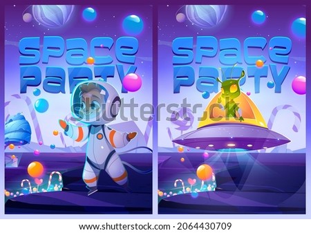 Space party cartoon banners with cute kid astronaut and alien in ufo saucer on fantasy planet landscape with sweets and candies around. Birthday celebration invitation, cosmic themed vector posters 商業照片 © 