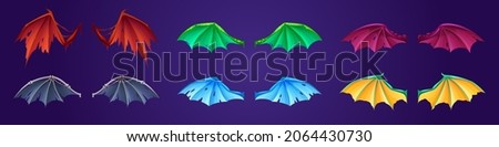 Set of fantasy wings of dragon, demon or bats myth or fable creatures. Different wing pairs, glowing, ragged colorful magic collection for rpg game characters, isolated Cartoon vector illustration