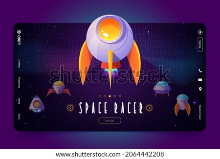 Space racer game cartoon landing page with alien spaceships, rockets, ufo, fantasy shuttles. Computer shooter, galaxy battle videogame with cosmic funny spaceships Vector web banner graphic design