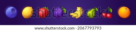 Fruit game icons for casino slot machine, gambling, lotteries or mobile puzzle ui elements. Plum, bananas or cherry, blueberry, pear and orange with lemon and strawberry bonus 3d vector cartoon set