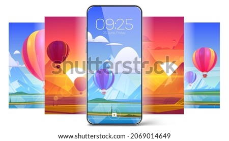 Smartphone lock screen with hot air balloon on landscape background. Mobile phone onboard page with date and time, digital cosmic wallpapers for cellphone device, Cartoon user interface design set