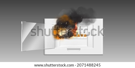 Fuse box in fire, short circuit and overload in electrical panel. Ignition hazard due to faulty wires, shortcut at home electric system. Burning switchboard with smoke Realistic 3d vector illustration ストックフォト © 