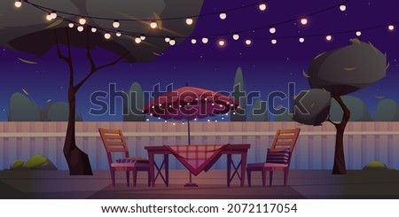 BBQ area at night backyard with table with chequered tablecloth, chairs and umbrella decorated with light garland, picnic barbecue zone on wooden terrace on summer lawn, Cartoon vector illustration